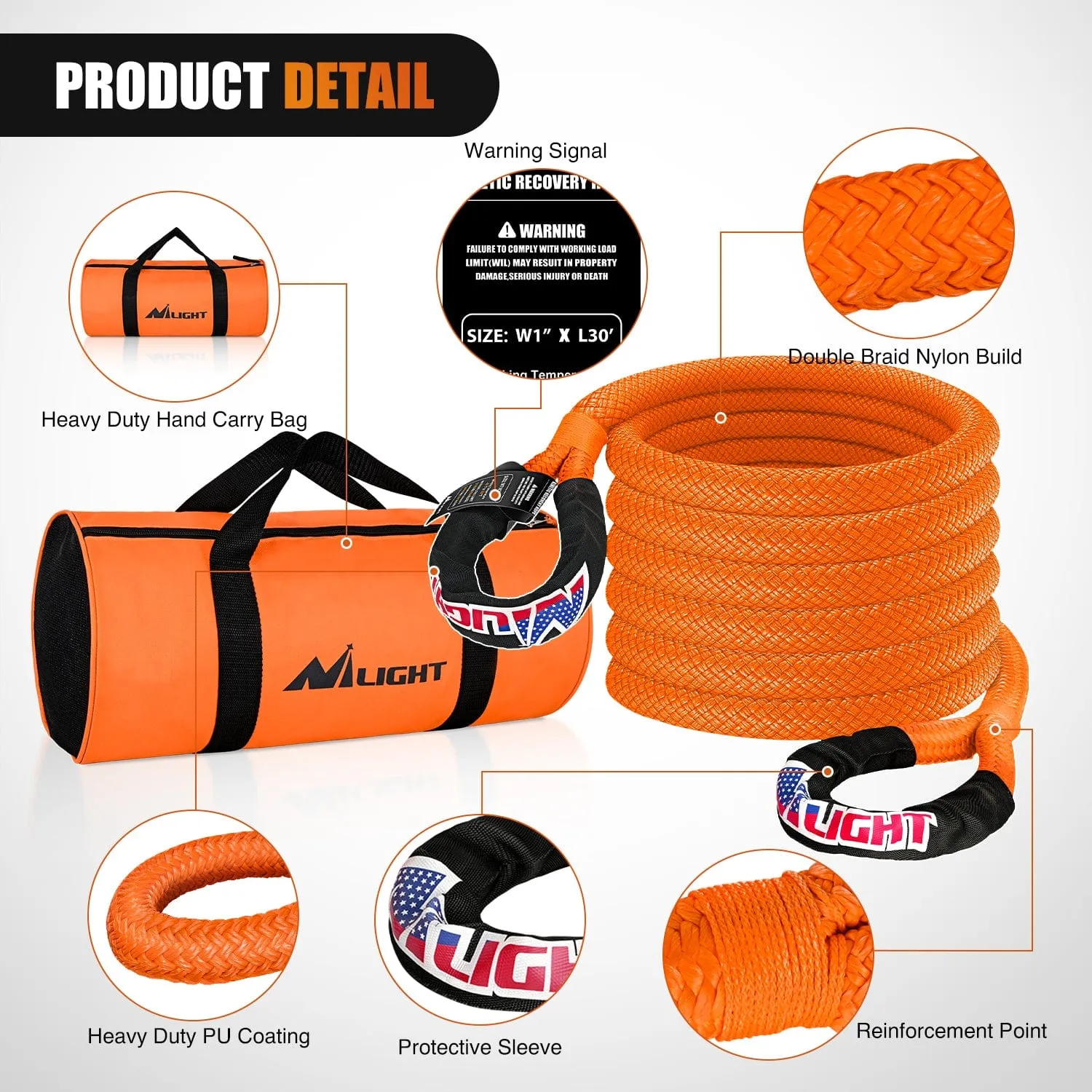 1in x 30ft Kinetic Recovery Rope 33000LBS