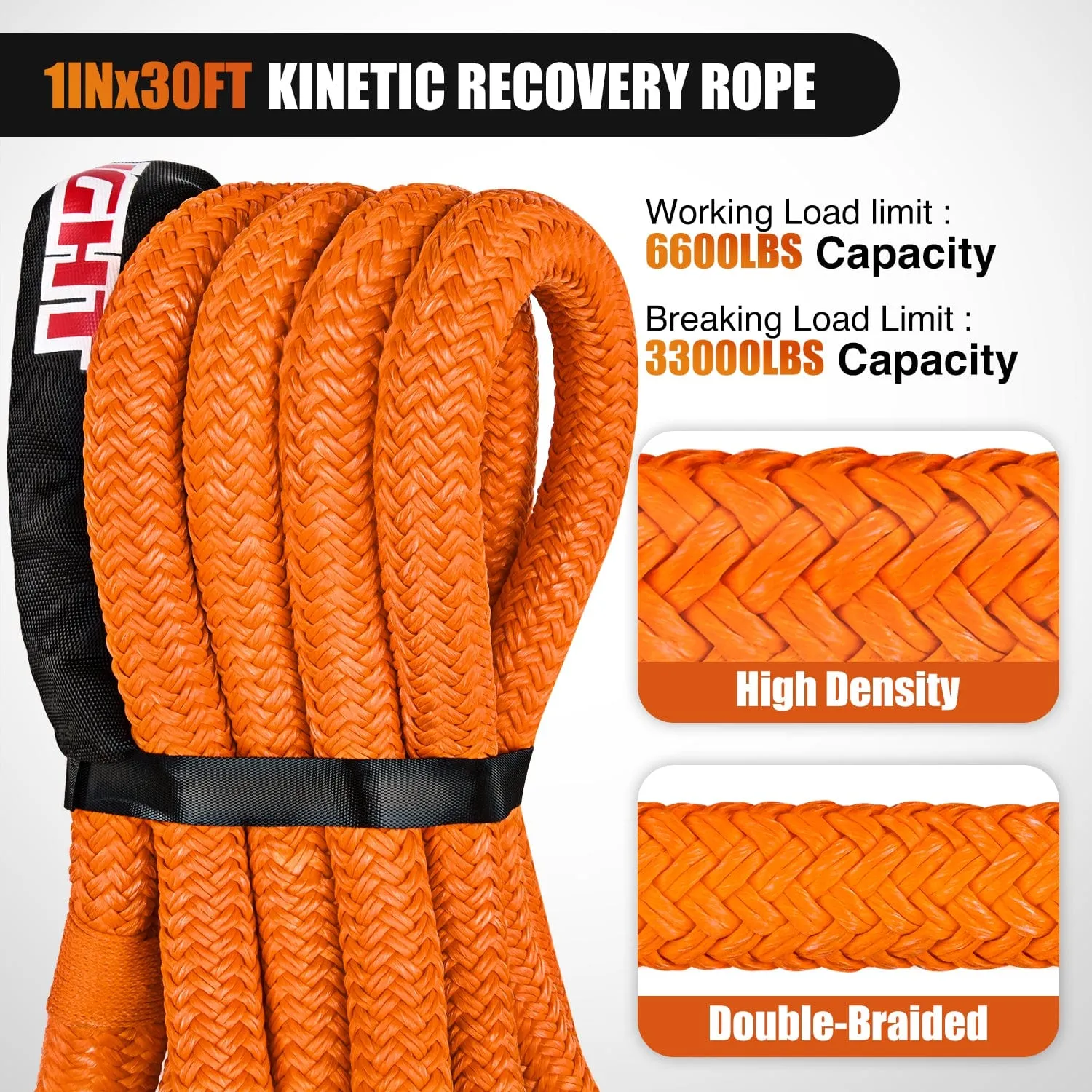 1in x 30ft Kinetic Recovery Rope 33000LBS