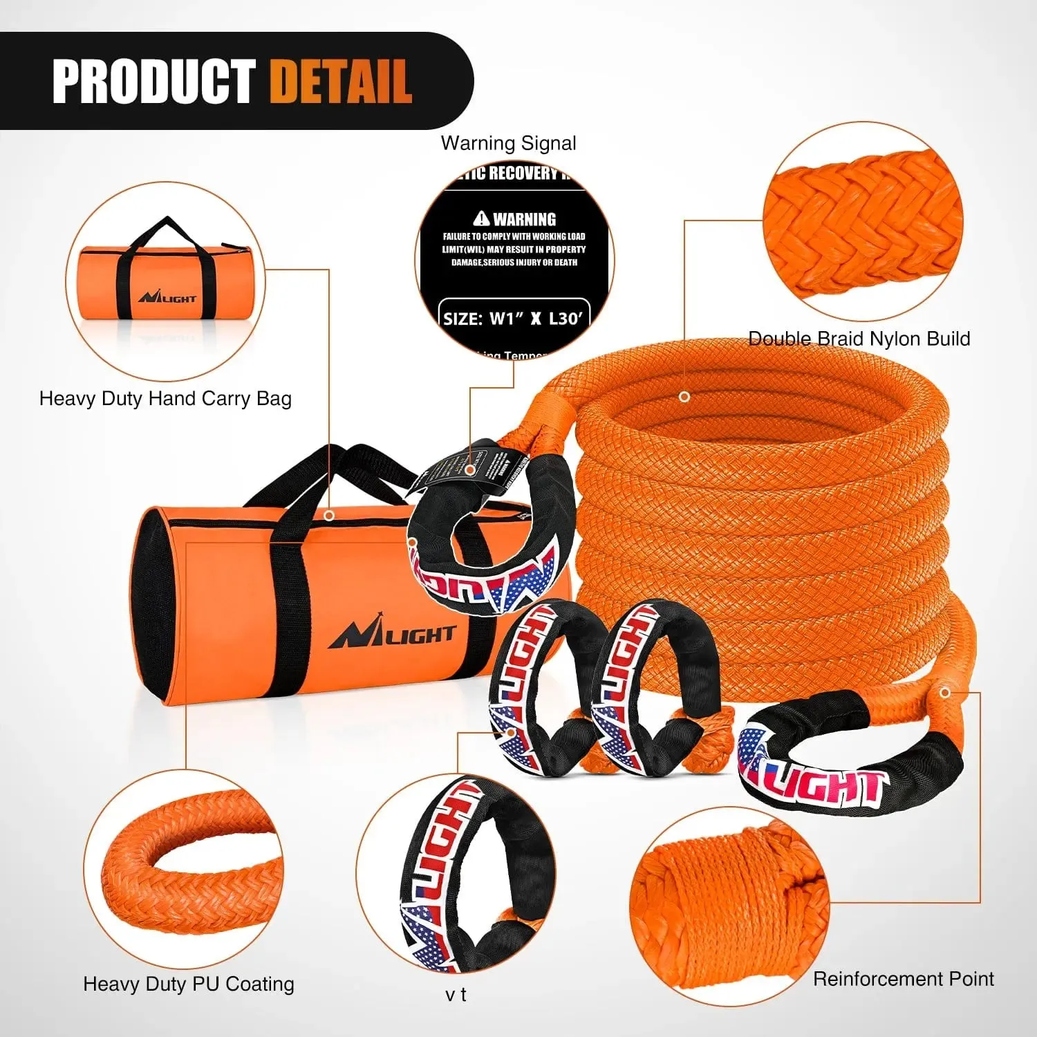 1In x 30FT Kinetic Recovery Rope & 2PCS 1/2In x 24In Soft Shackle