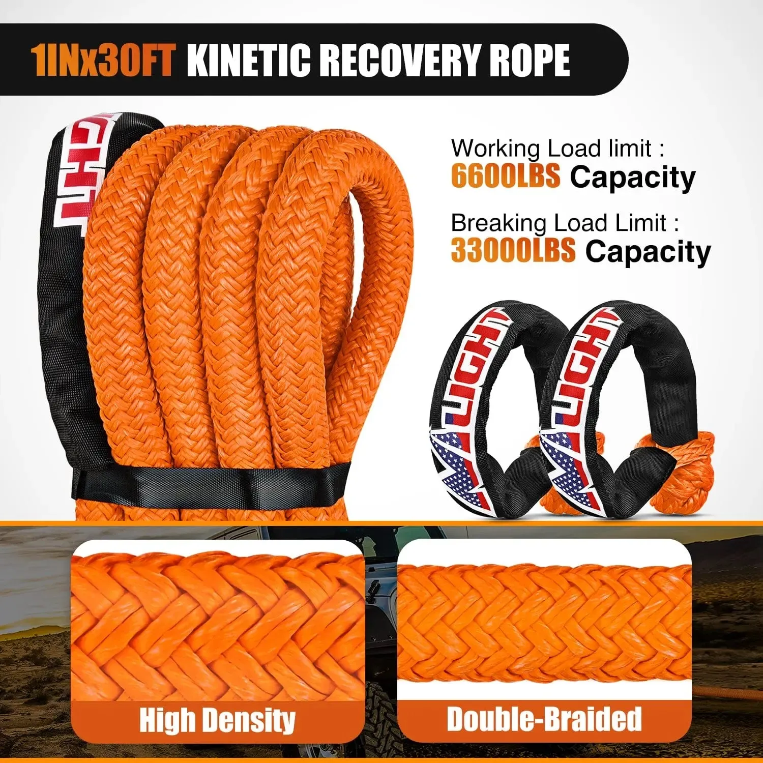 1In x 30FT Kinetic Recovery Rope & 2PCS 1/2In x 24In Soft Shackle