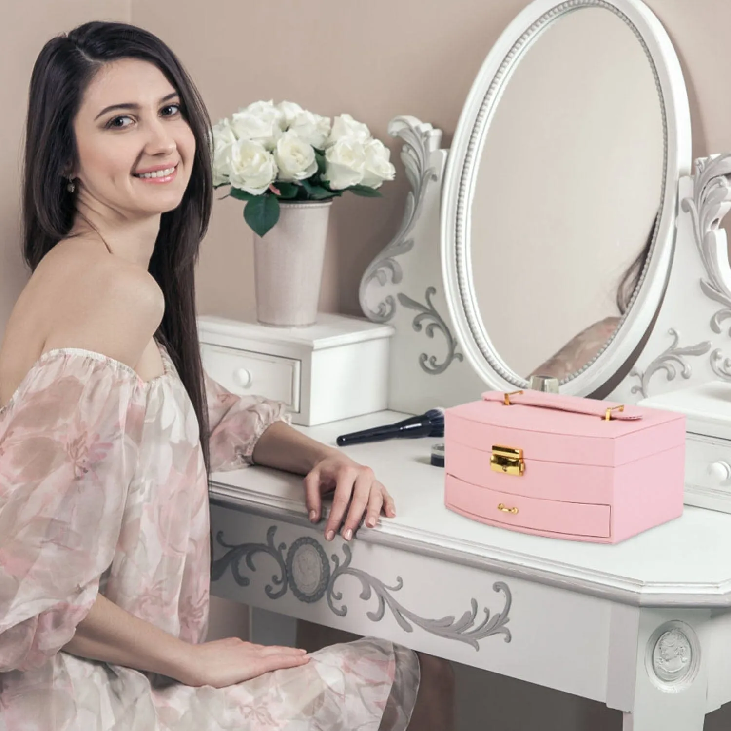 2-Layer Lockable Leather Jewelry Box