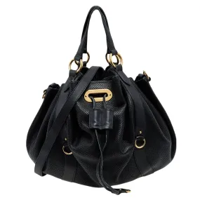 Black Perforated Leather Drawstring Hobo
