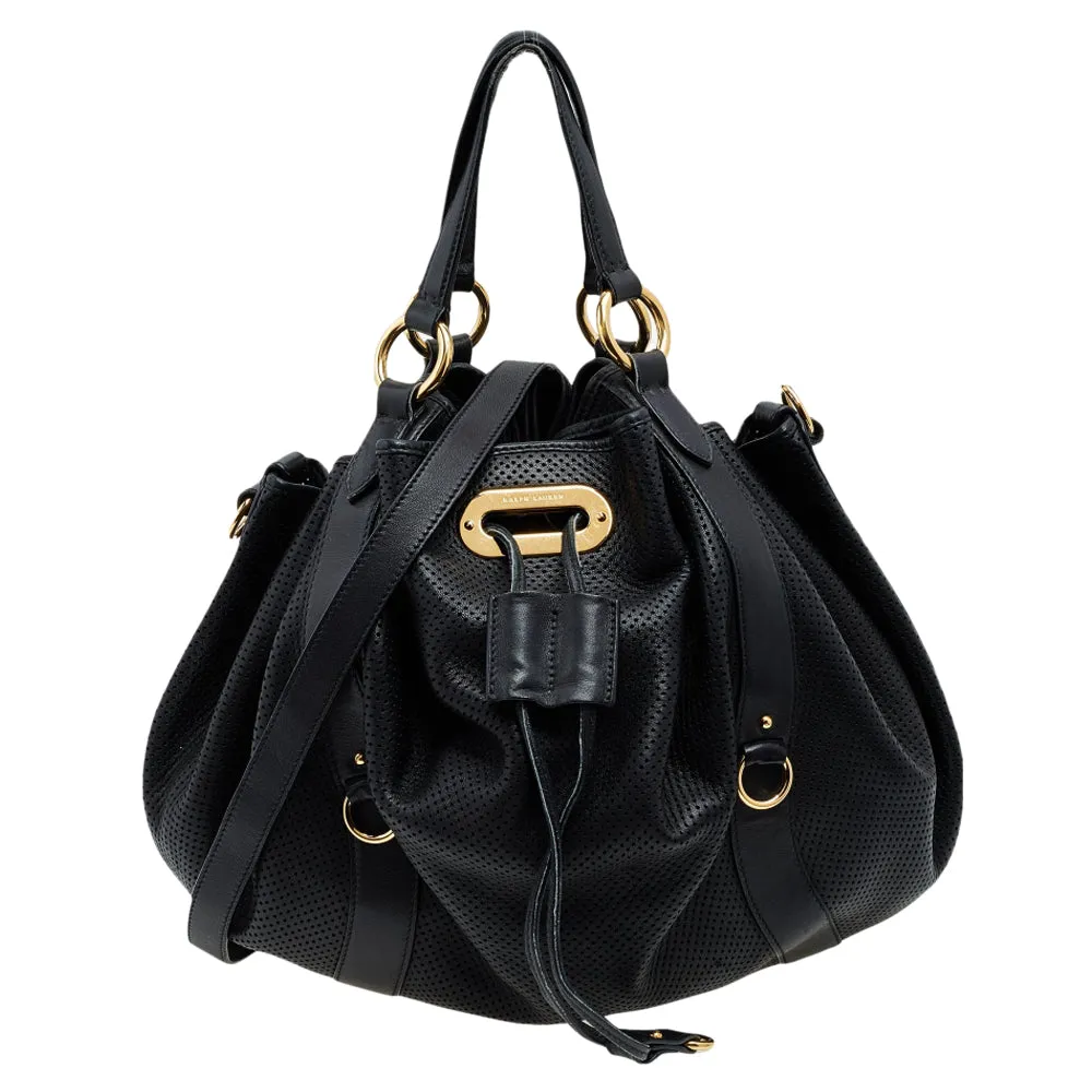 Black Perforated Leather Drawstring Hobo
