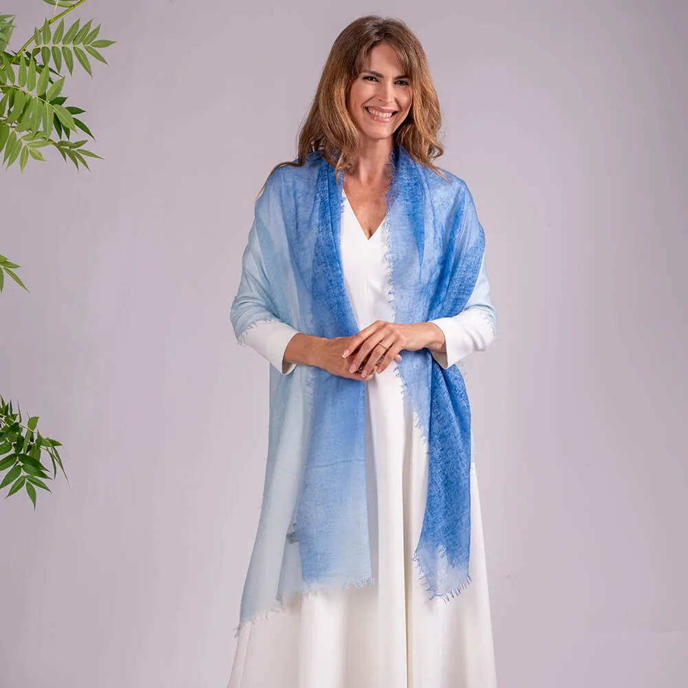 Blue Diaphanous Cashmere Spray Print Wrap