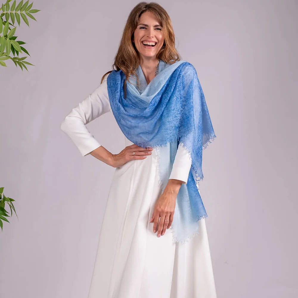Blue Diaphanous Cashmere Spray Print Wrap