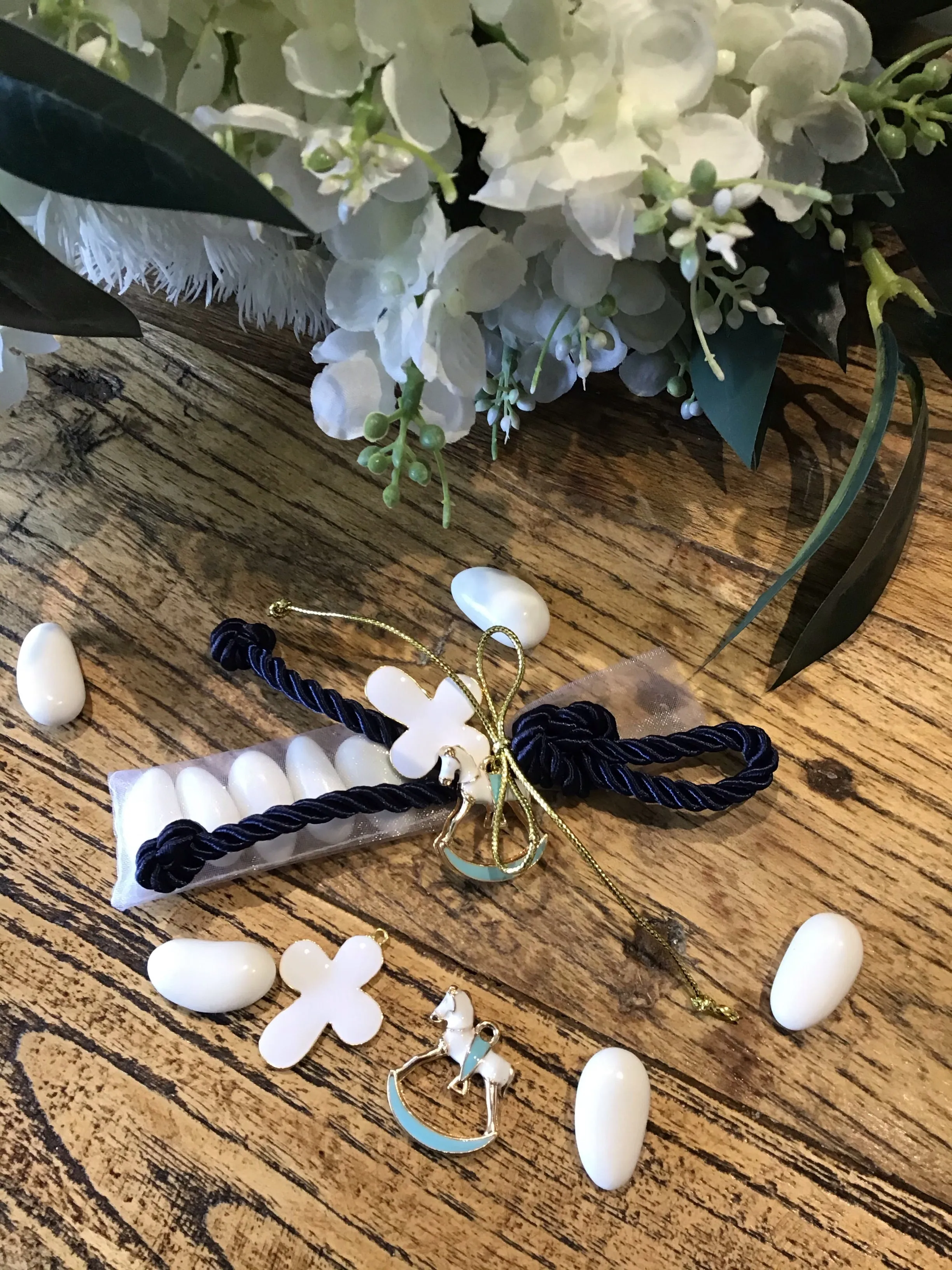 Bomboniere - Baby Blue and Gold Rocking Horse with Cross Charm on Rope