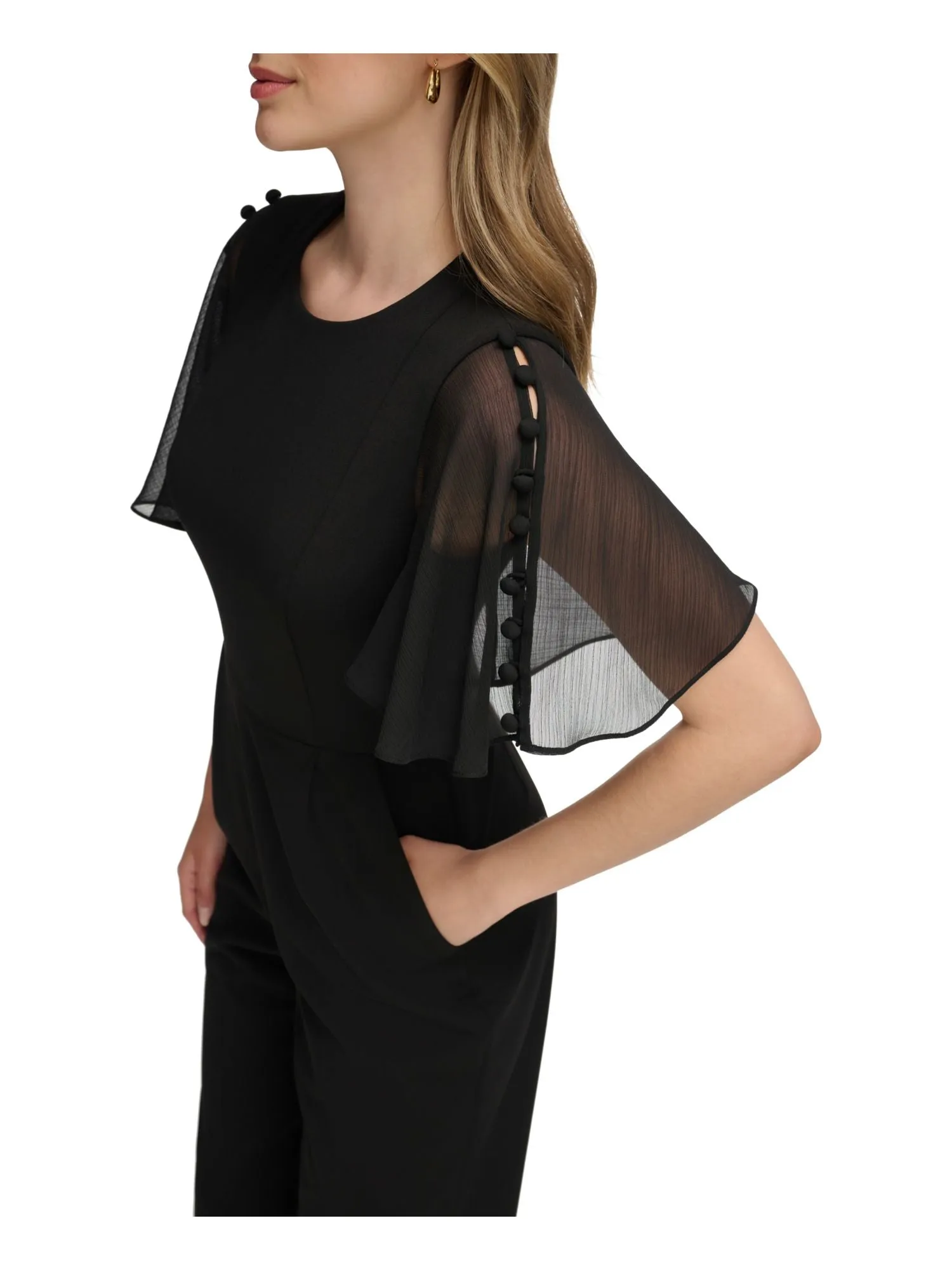 CALVIN KLEIN Womens Zippered Flutter Sleeve Round Neck Evening Wide Leg Jumpsuit
