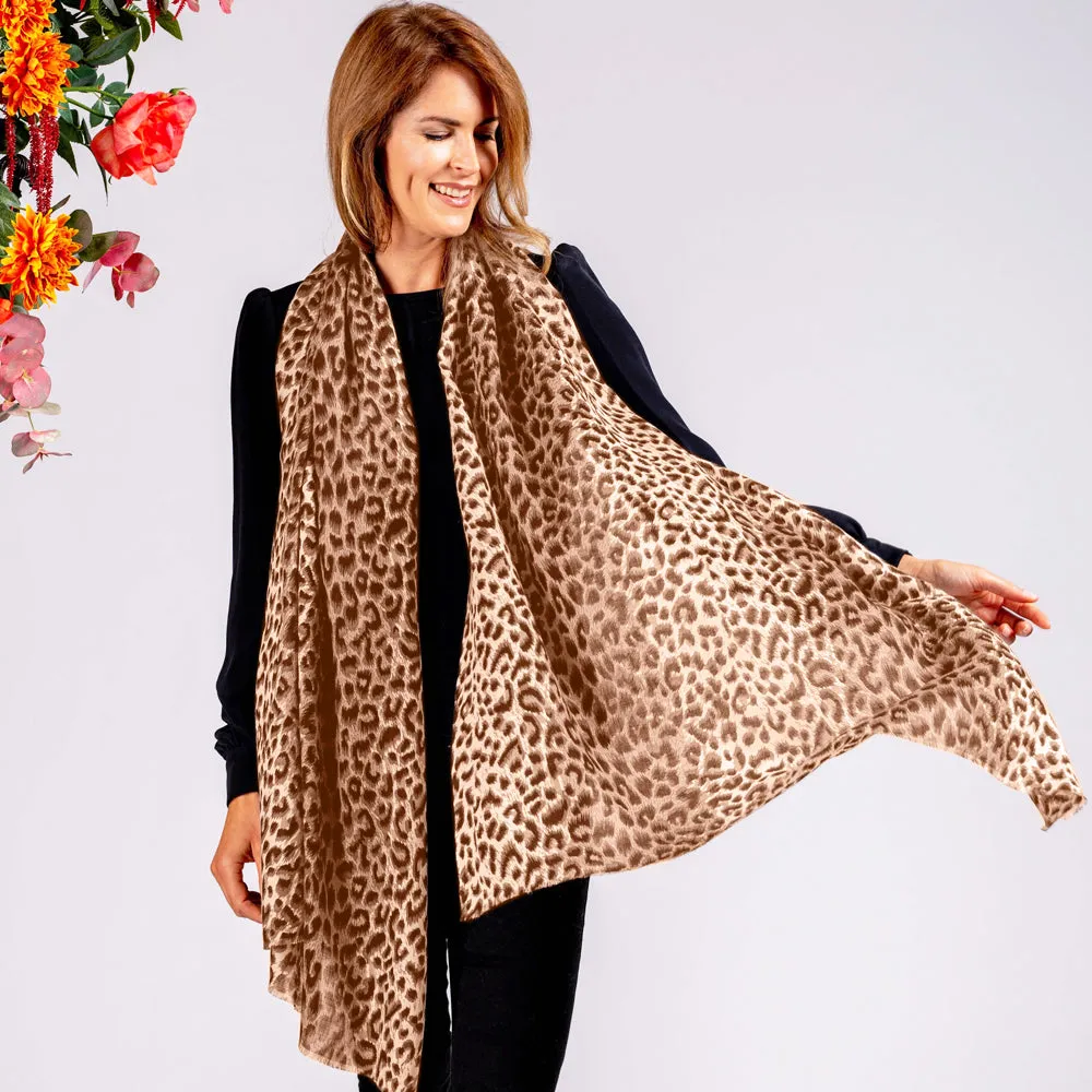 Caramel Leopard Print Cashmere and Silk Scarf