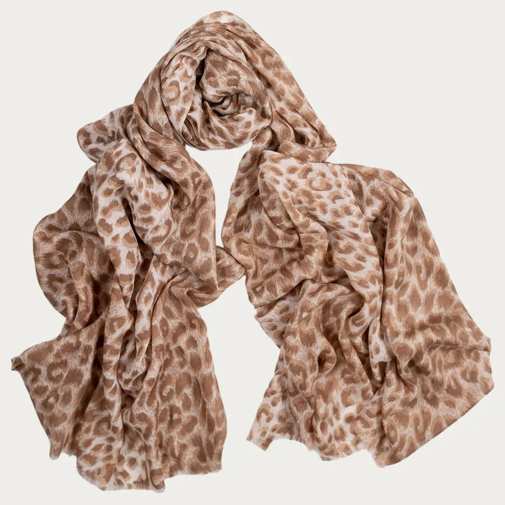Caramel Leopard Print Cashmere and Silk Scarf