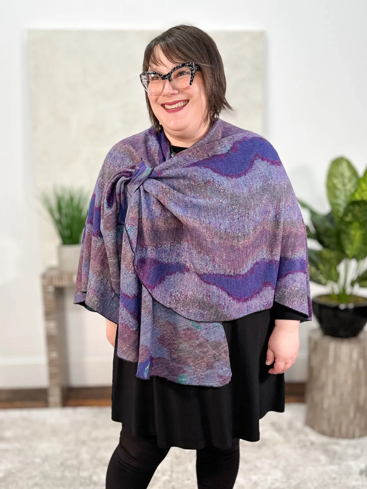 Cashmere Reversible Buckle Shawl, Large Flower Black Multi