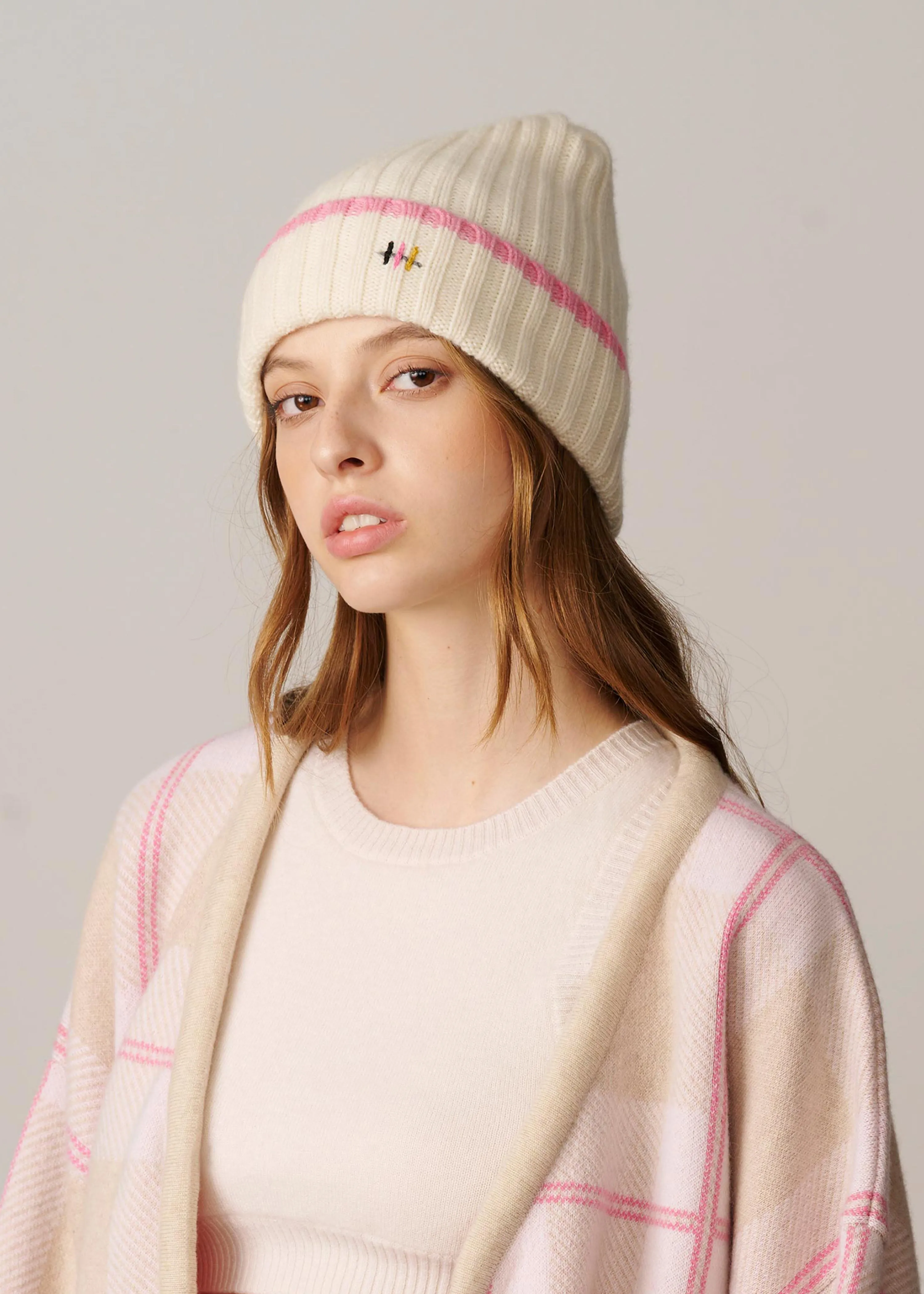 Cashmere Rib Knit Beanie - White with Pink Stripe