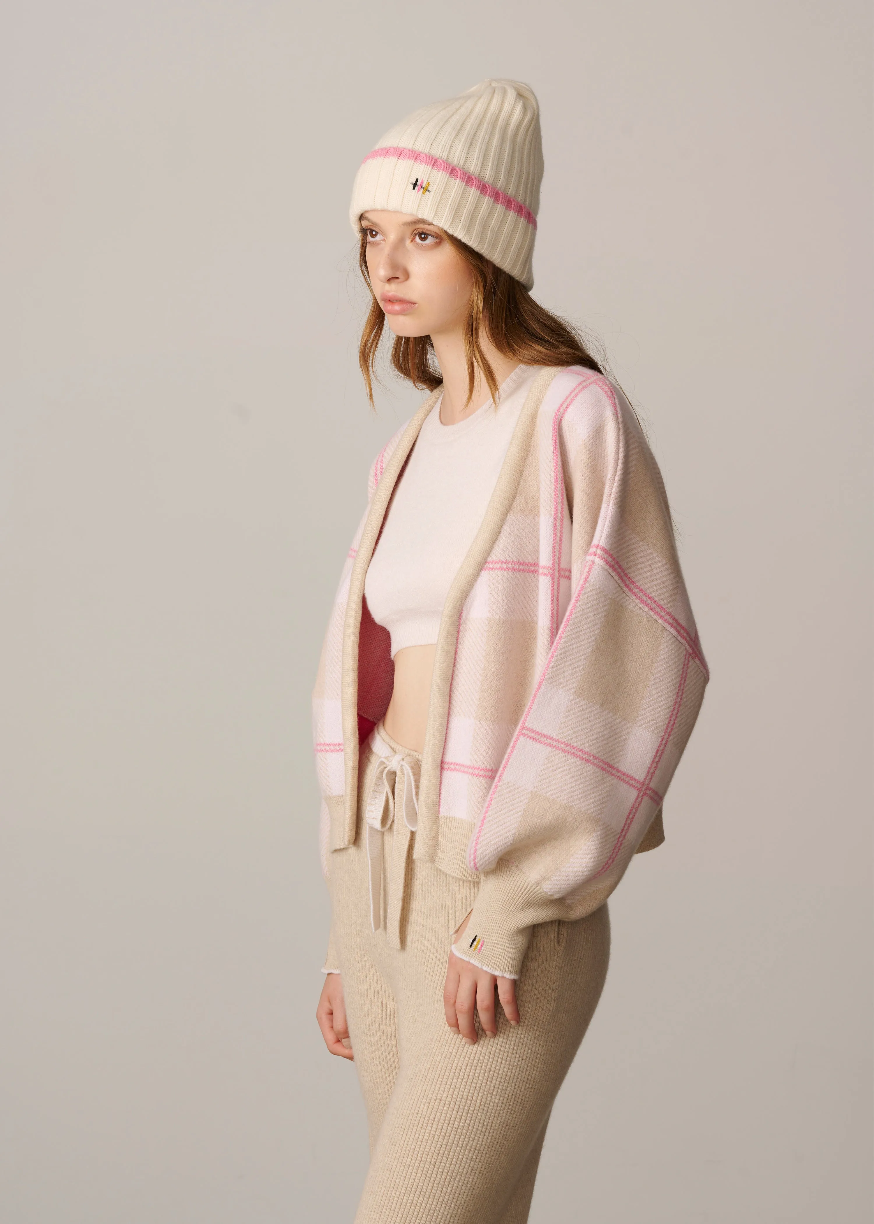 Cashmere Rib Knit Beanie - White with Pink Stripe