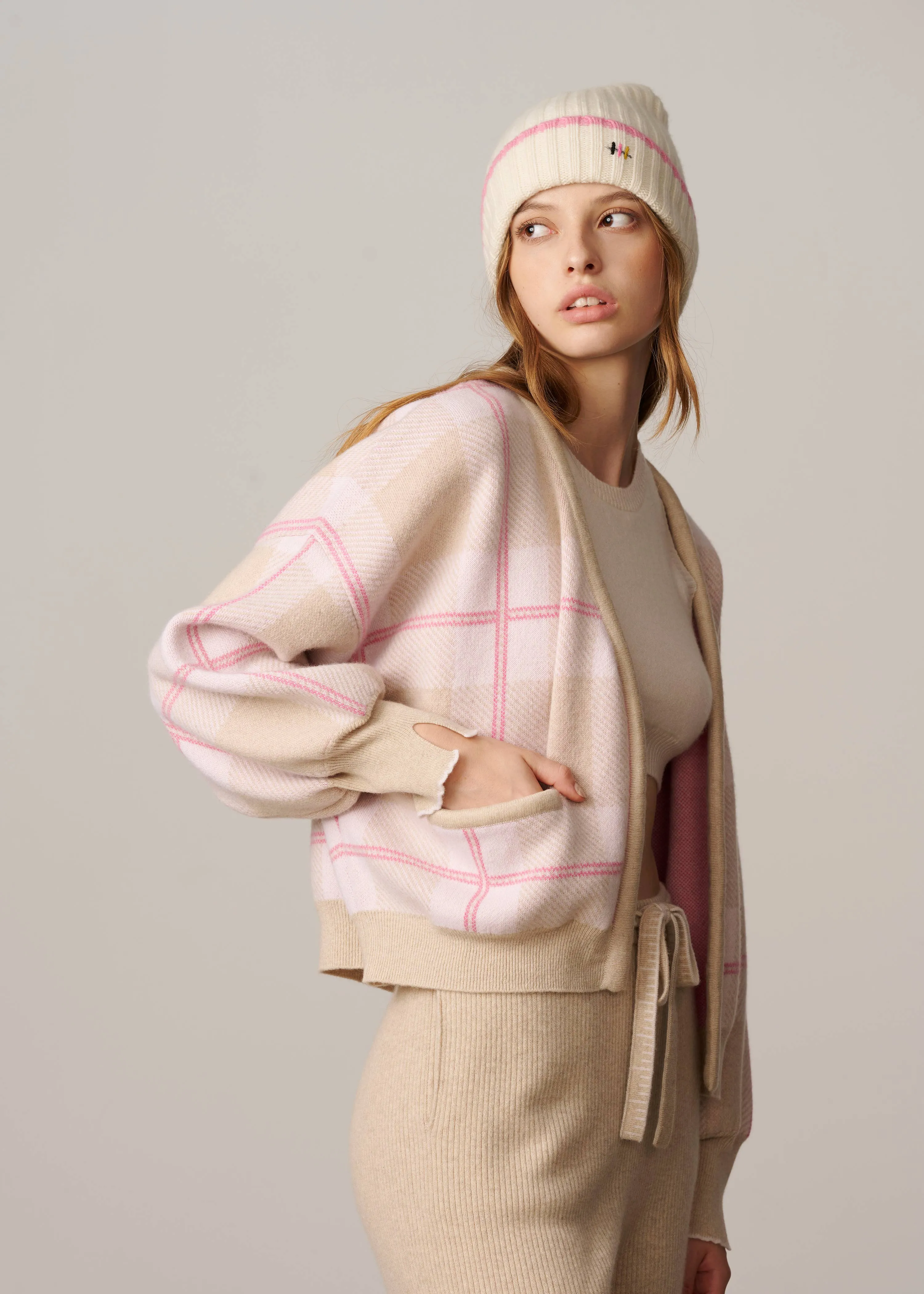 Cashmere Rib Knit Beanie - White with Pink Stripe