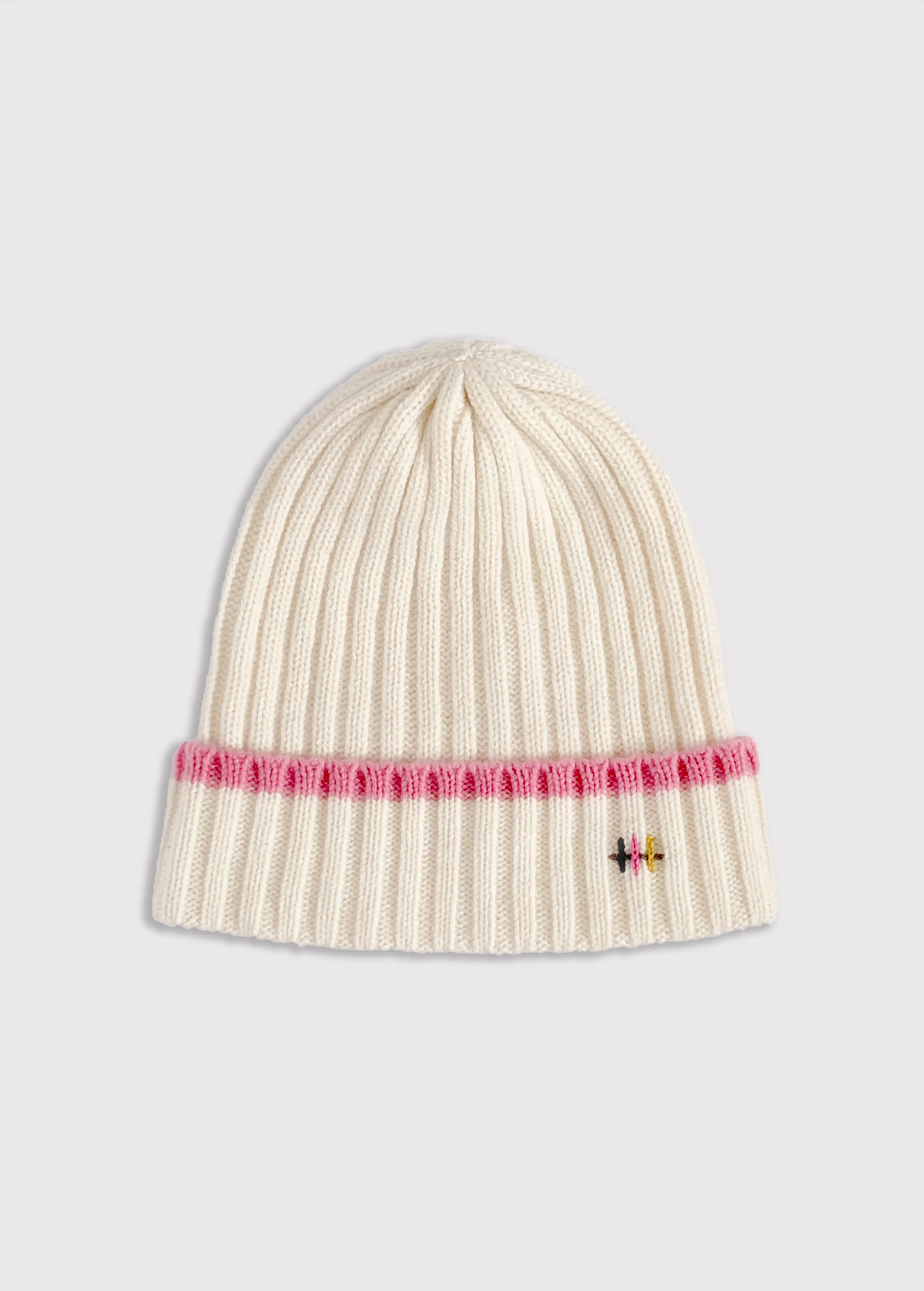 Cashmere Rib Knit Beanie - White with Pink Stripe