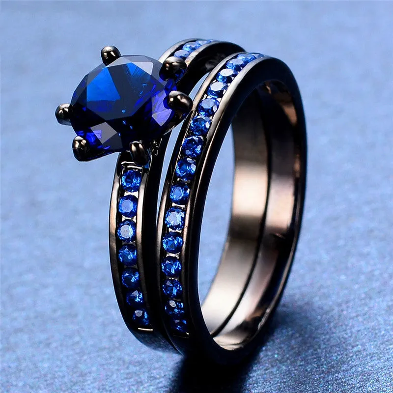 Charming Blue Crystal Zircon Ring Sets Vintage Wedding Rings For Men And Women Black Gold Filled Jewelry