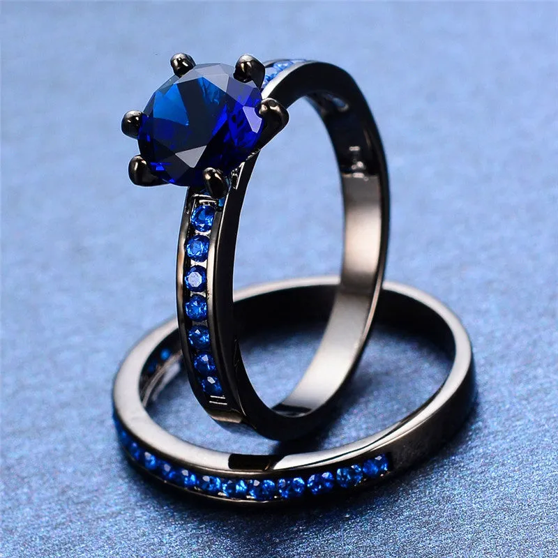 Charming Blue Crystal Zircon Ring Sets Vintage Wedding Rings For Men And Women Black Gold Filled Jewelry