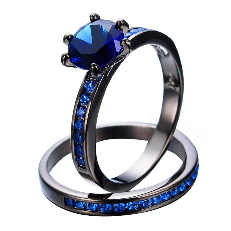 Charming Blue Crystal Zircon Ring Sets Vintage Wedding Rings For Men And Women Black Gold Filled Jewelry