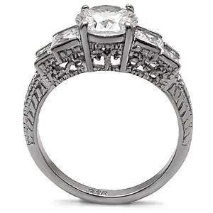 CJ7747OS Wholesale Stainless Steel Round Cubic Zirconia Intricately Raised Setting Engagement Ring
