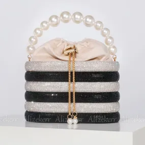 Crystal Metal Evening Clutch Bags Women Boutique Pearl Handle Shiny color blocking Rhinestone Purse And Handbags Bridal Wedding