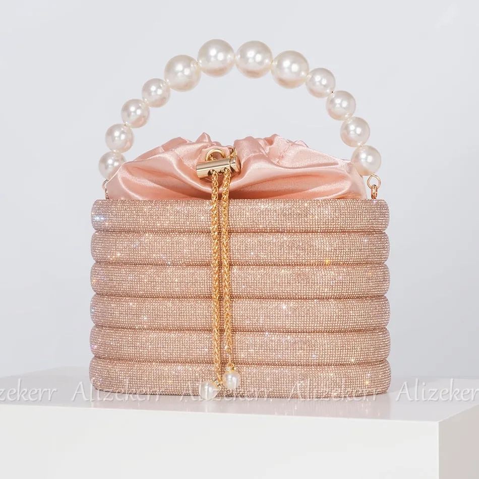 Crystal Metal Evening Clutch Bags Women Boutique Pearl Handle Shiny color blocking Rhinestone Purse And Handbags Bridal Wedding
