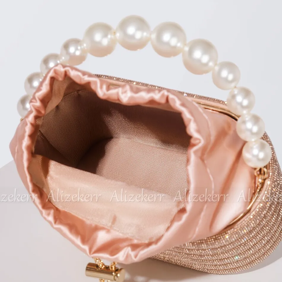 Crystal Metal Evening Clutch Bags Women Boutique Pearl Handle Shiny color blocking Rhinestone Purse And Handbags Bridal Wedding