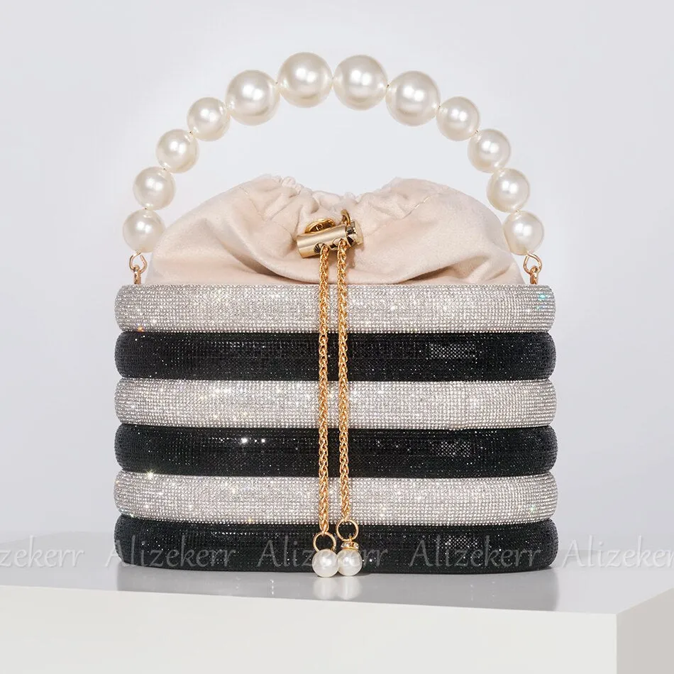 Crystal Metal Evening Clutch Bags Women Boutique Pearl Handle Shiny color blocking Rhinestone Purse And Handbags Bridal Wedding