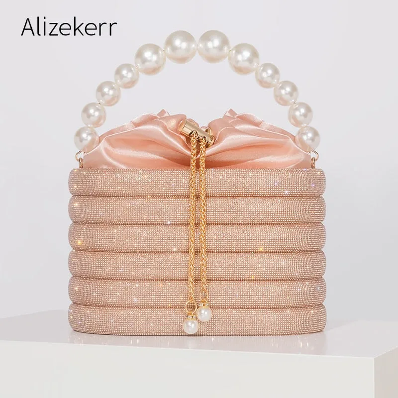 Crystal Metal Evening Clutch Bags Women Boutique Pearl Handle Shiny color blocking Rhinestone Purse And Handbags Bridal Wedding