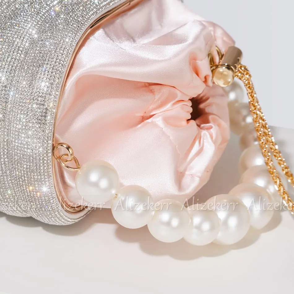 Crystal Metal Evening Clutch Bags Women Boutique Pearl Handle Shiny color blocking Rhinestone Purse And Handbags Bridal Wedding