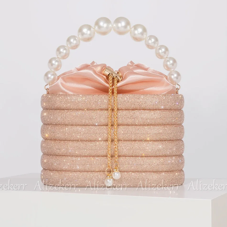 Crystal Metal Evening Clutch Bags Women Boutique Pearl Handle Shiny color blocking Rhinestone Purse And Handbags Bridal Wedding