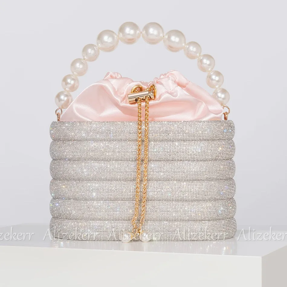 Crystal Metal Evening Clutch Bags Women Boutique Pearl Handle Shiny color blocking Rhinestone Purse And Handbags Bridal Wedding