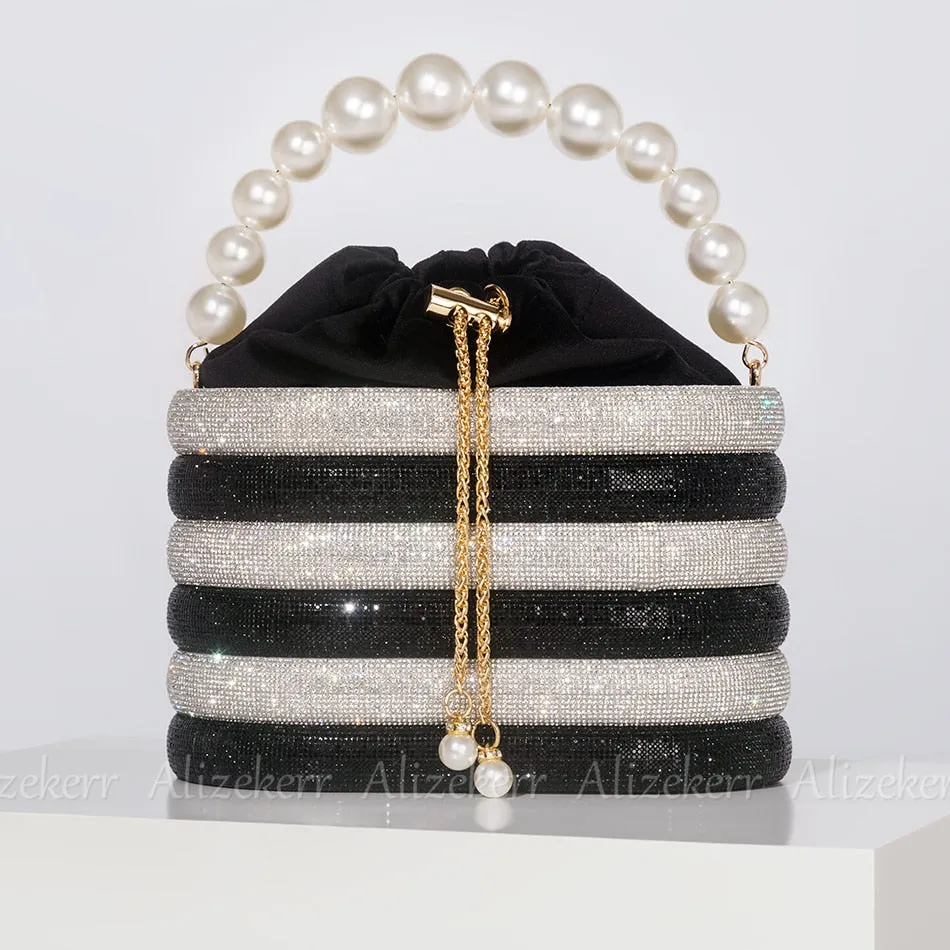 Crystal Metal Evening Clutch Bags Women Boutique Pearl Handle Shiny color blocking Rhinestone Purse And Handbags Bridal Wedding