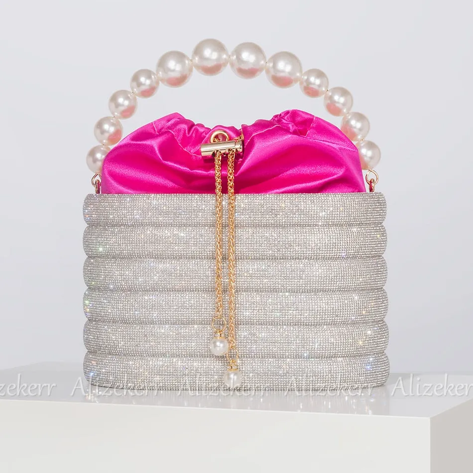 Crystal Metal Evening Clutch Bags Women Boutique Pearl Handle Shiny color blocking Rhinestone Purse And Handbags Bridal Wedding