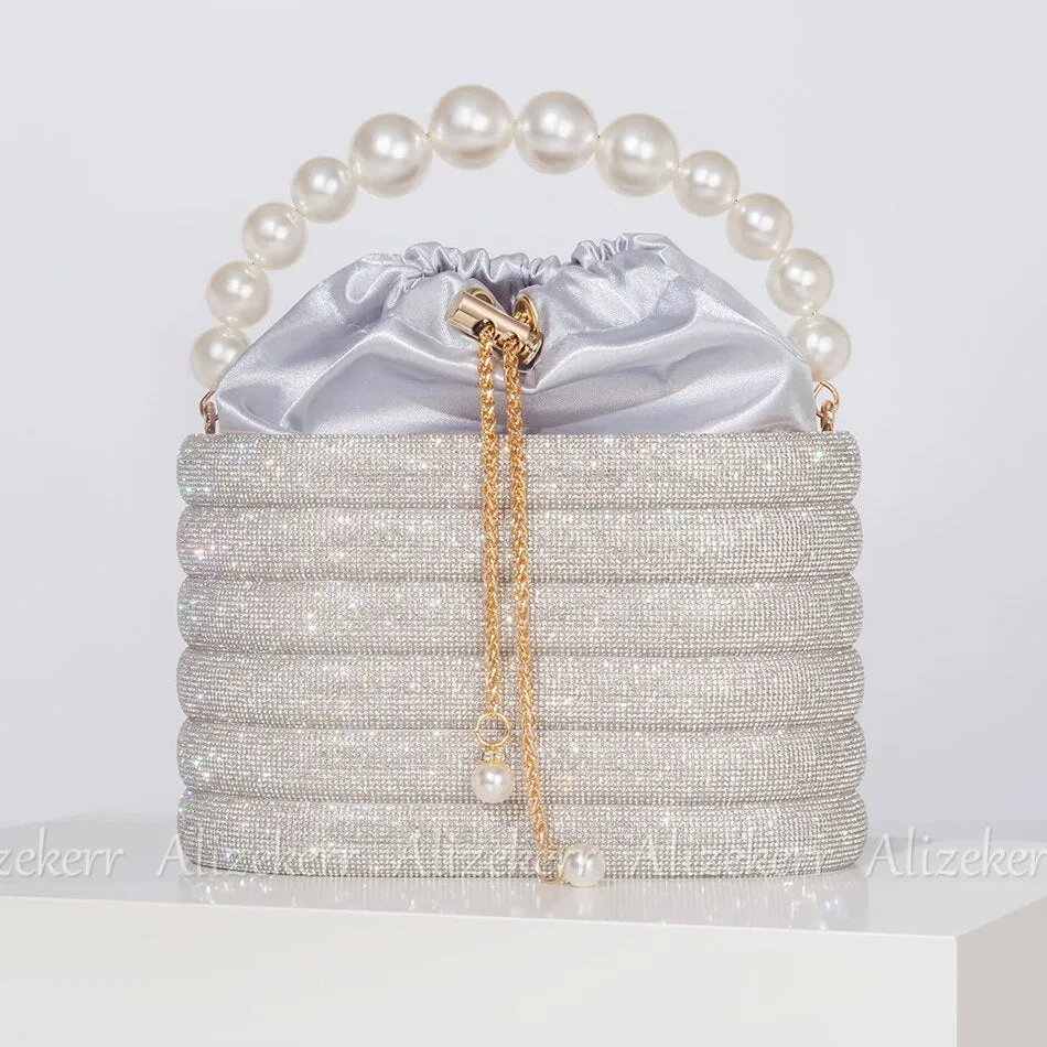 Crystal Metal Evening Clutch Bags Women Boutique Pearl Handle Shiny color blocking Rhinestone Purse And Handbags Bridal Wedding