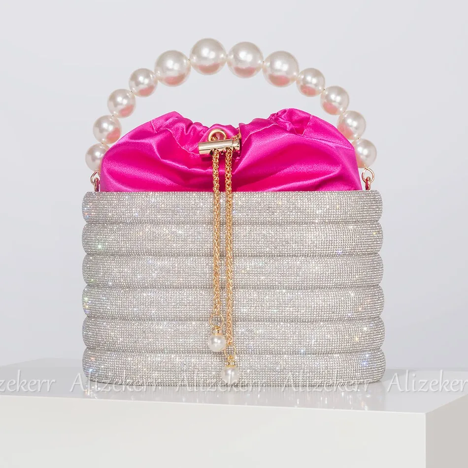 Crystal Metal Evening Clutch Bags Women Boutique Pearl Handle Shiny color blocking Rhinestone Purse And Handbags Bridal Wedding