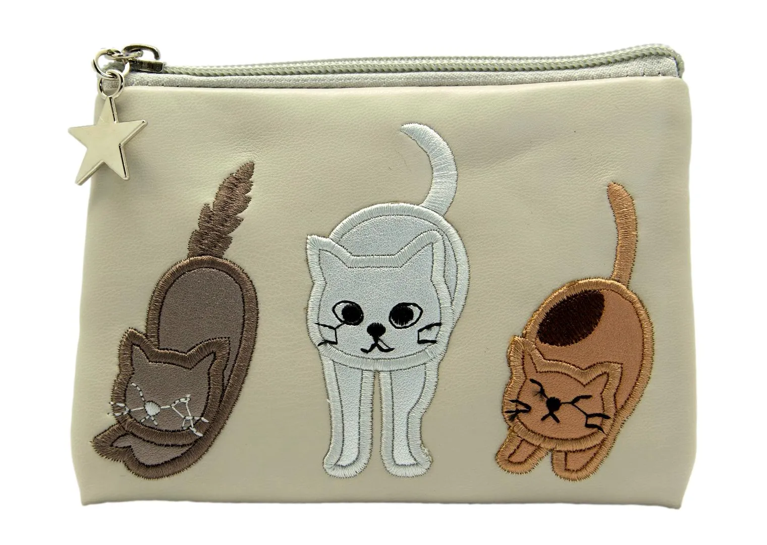FAUX Leather Embroidered Applique Cats Ladies Coin Purse Cream
