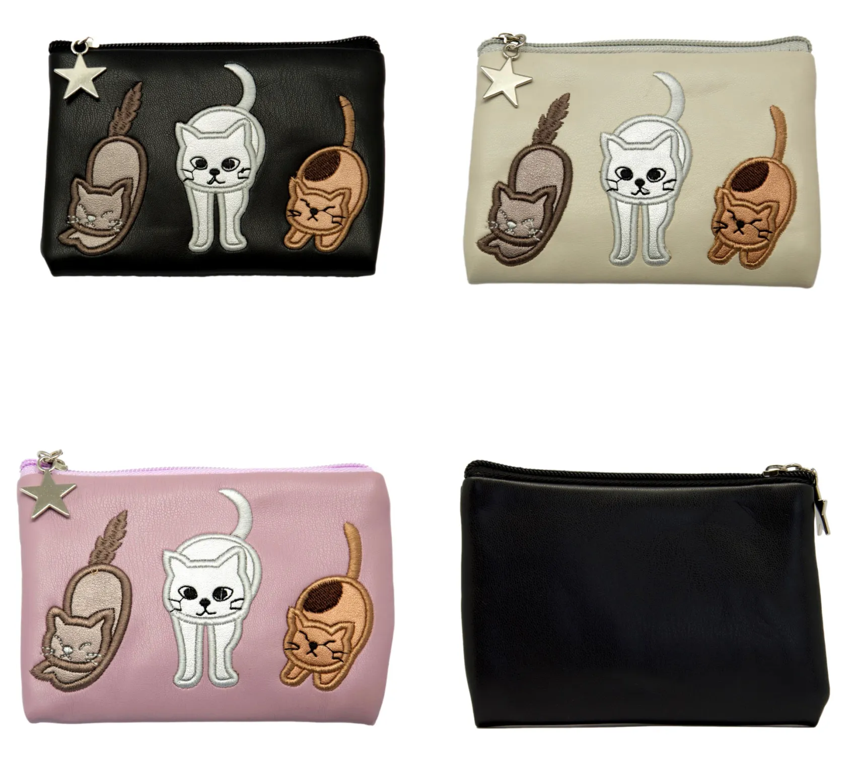 FAUX Leather Embroidered Applique Cats Ladies Coin Purse Cream