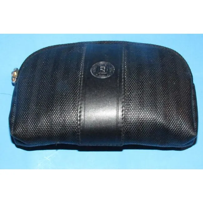 Fendi Black Thin Striped Print Rounded Top Pouch Cosmetic Bag Wallet