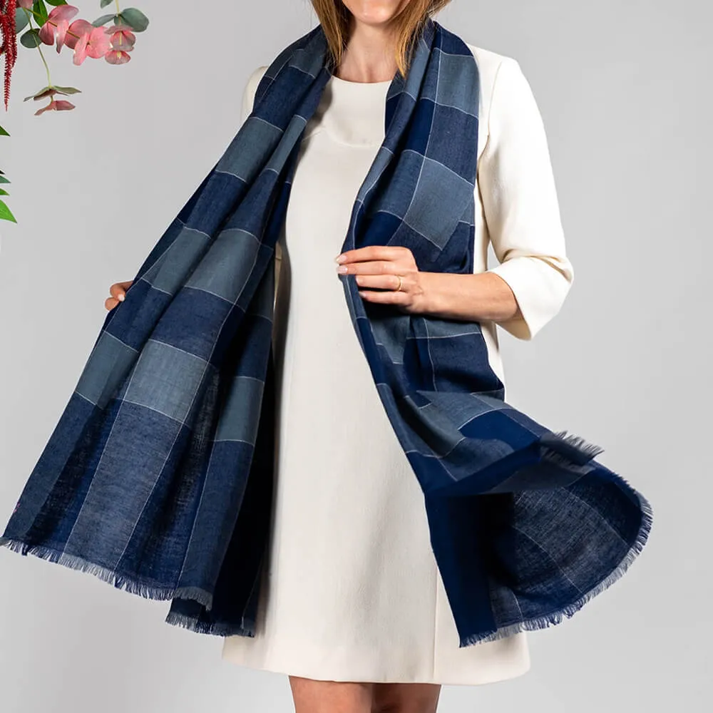 French Blue and Navy Check Cashmere Shawl
