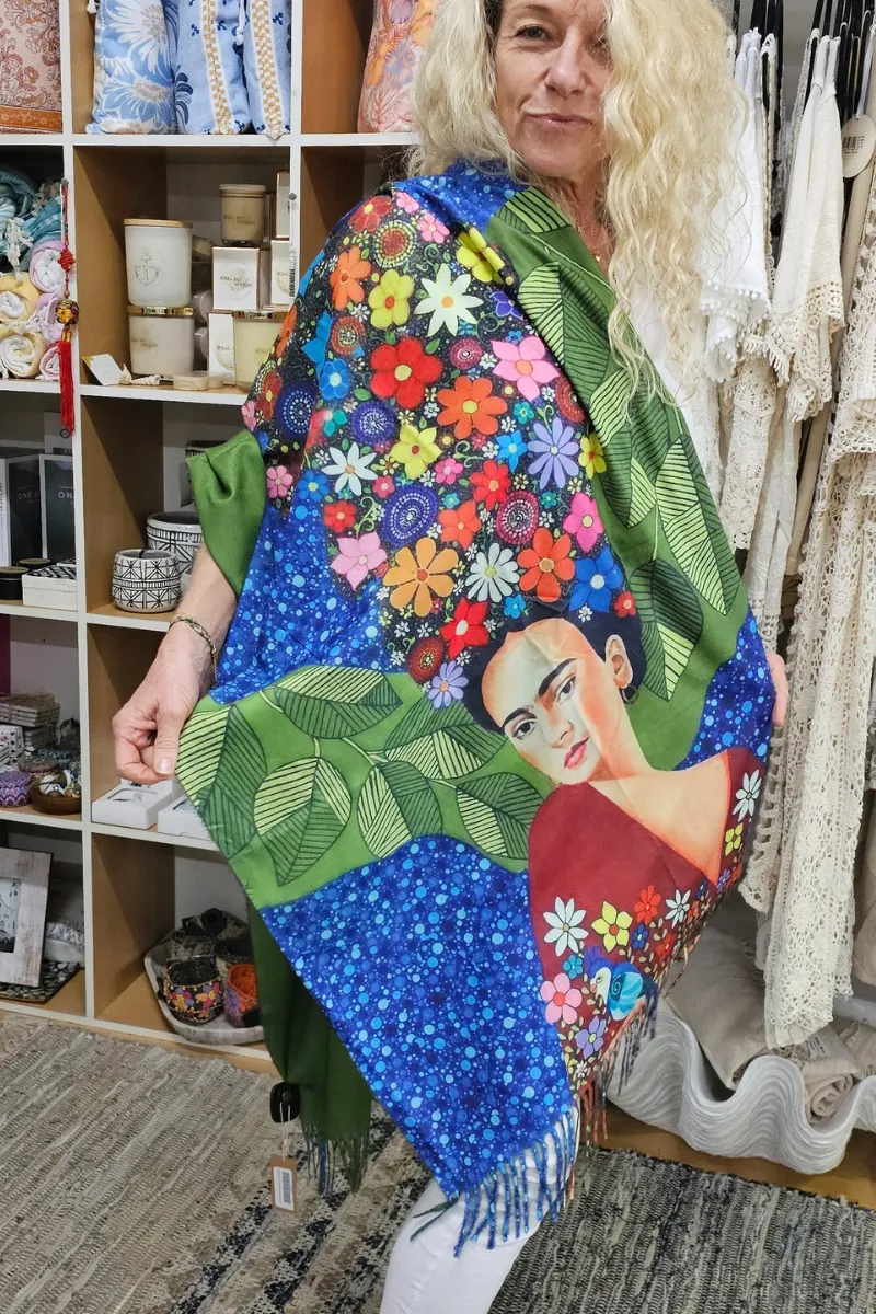Frida Kahlo Soft Cashmere Viscose Woollen Scarf Fully Reversible with olive