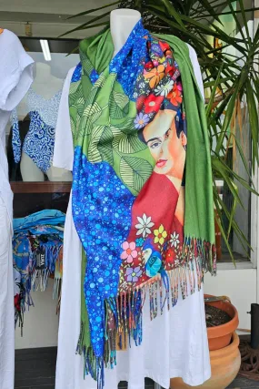 Frida Kahlo Soft Cashmere Viscose Woollen Scarf Fully Reversible with olive
