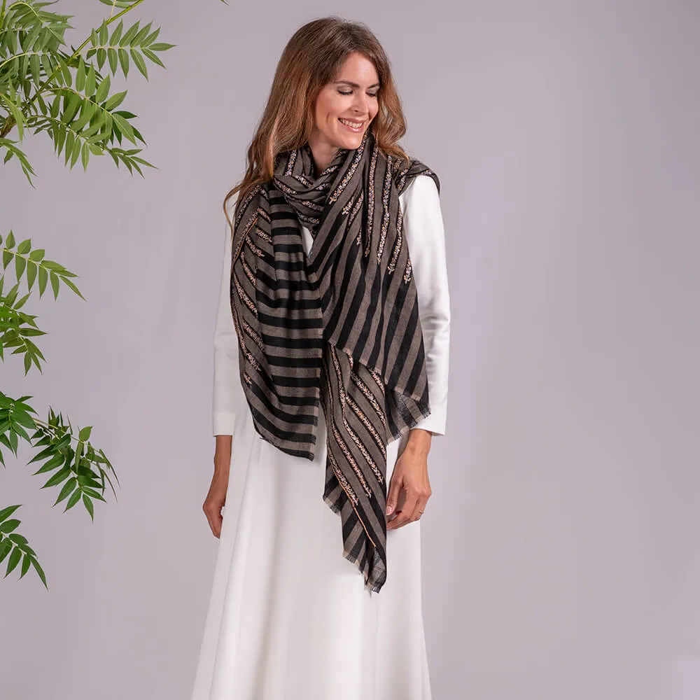 Hand Embroidered Pashmina Cashmere Shawl - Narrow Stripe