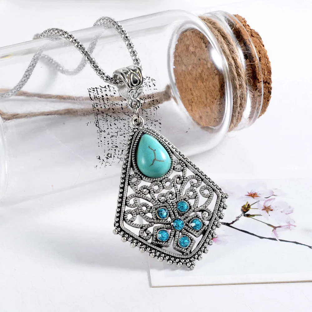 Hot necklace Christmas Antique Hollow Tibetan Silver Crystal Turquoise Pendant Chain Necklace Clothes for Women