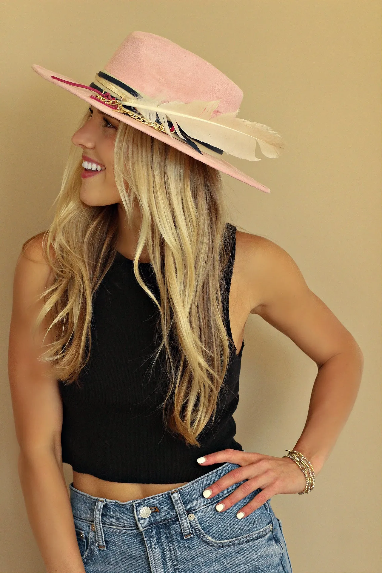 IN STOCK!! GB ORIGINAL: The Navajo Feather Banded Suede Hat in Pink