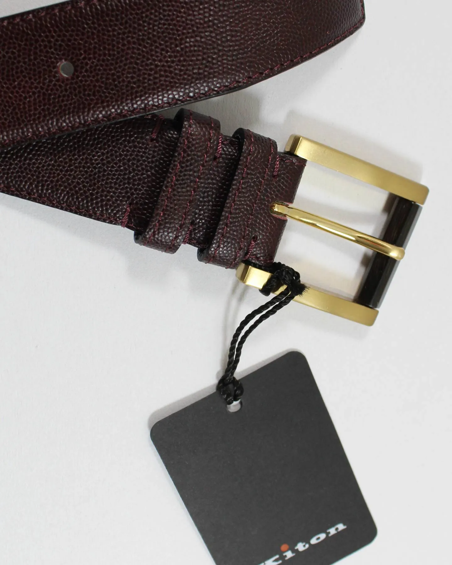 Kiton Belt - Maroon Leather Men Belt Gold Buckle Black Horn Detail 95 / 38