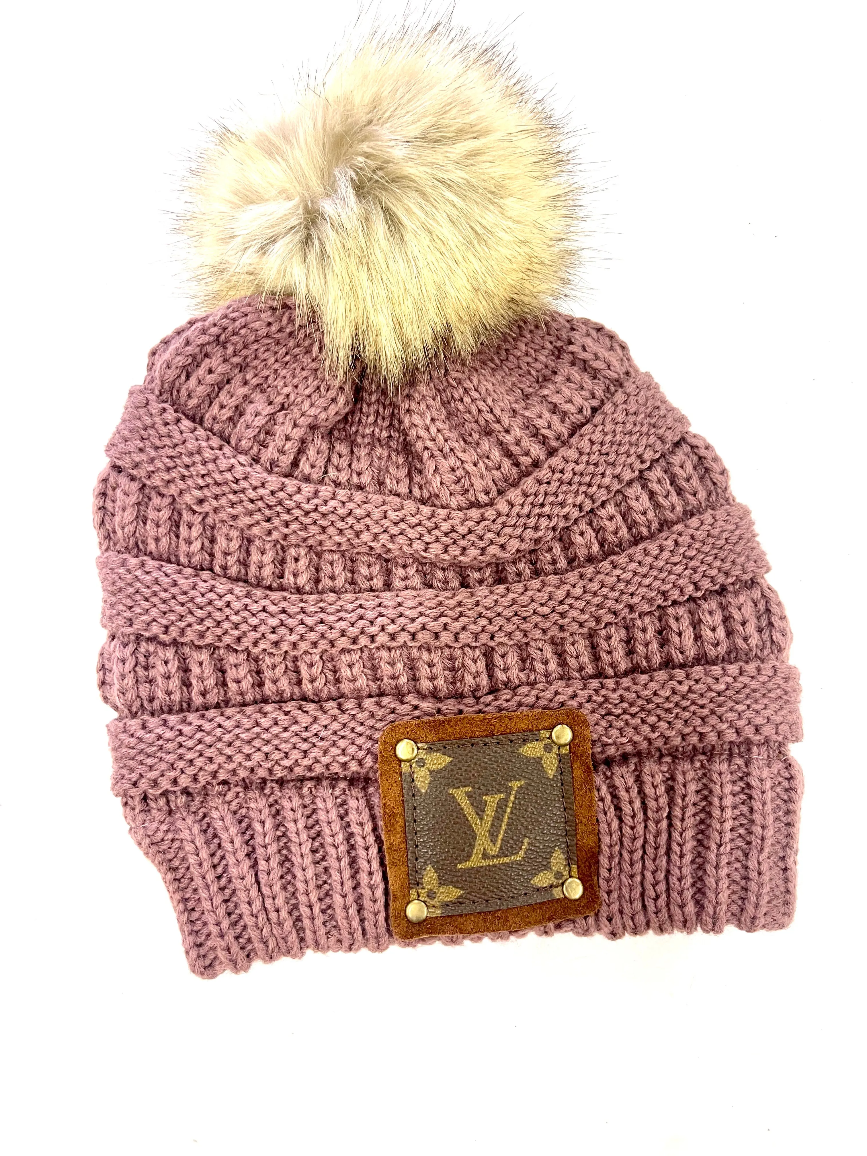 Lavender Beanie with brown patch antique hardware