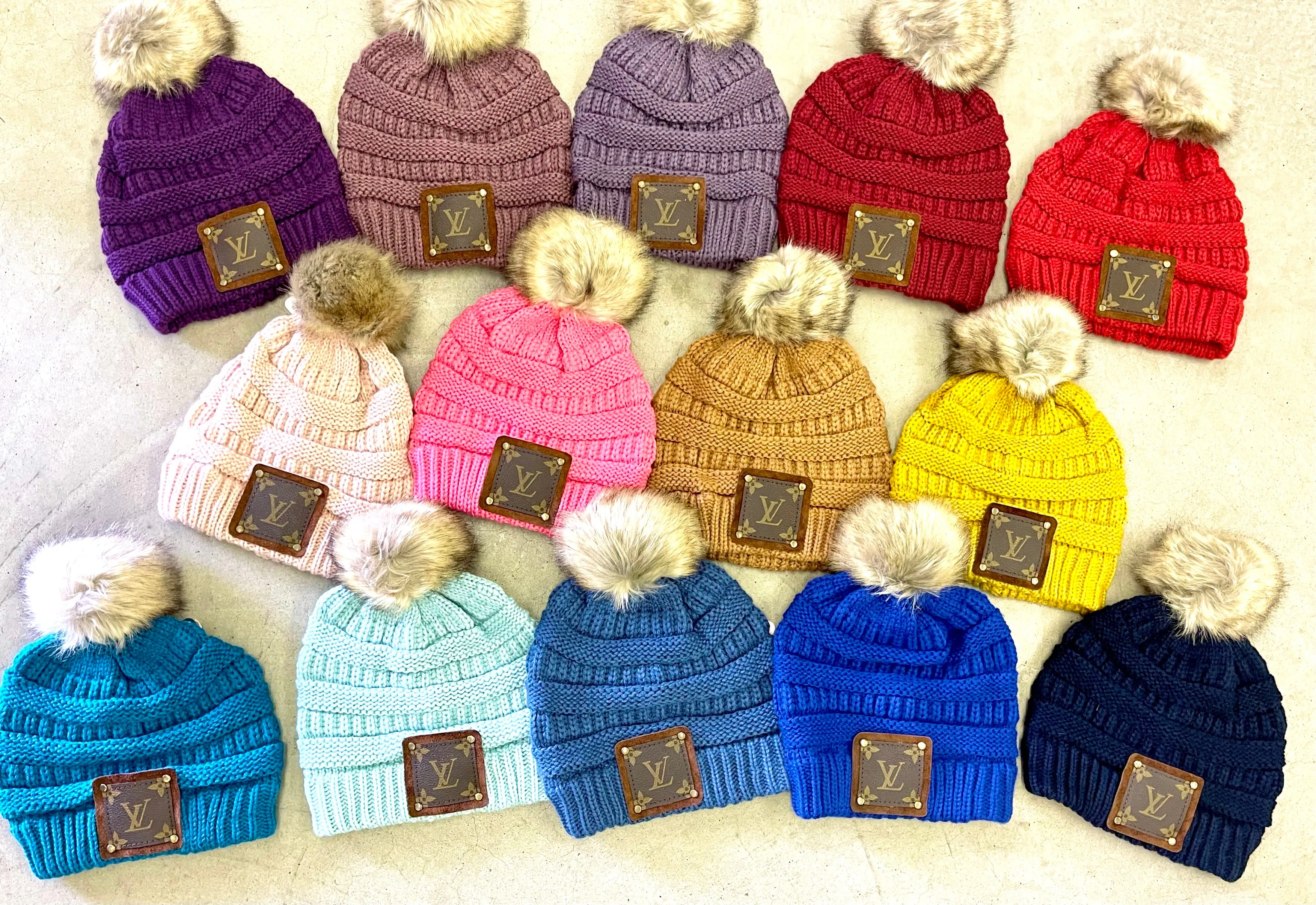 Lavender Beanie with brown patch antique hardware