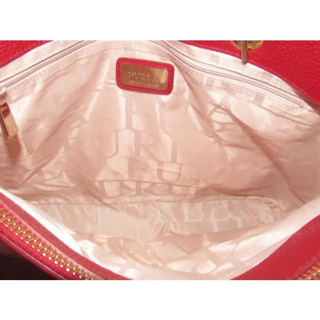 NWT, Furla, 'St. Alice', true red leather satchel with two gold chain & red leather straps, a footed bottom, and multiple compartments & pockets