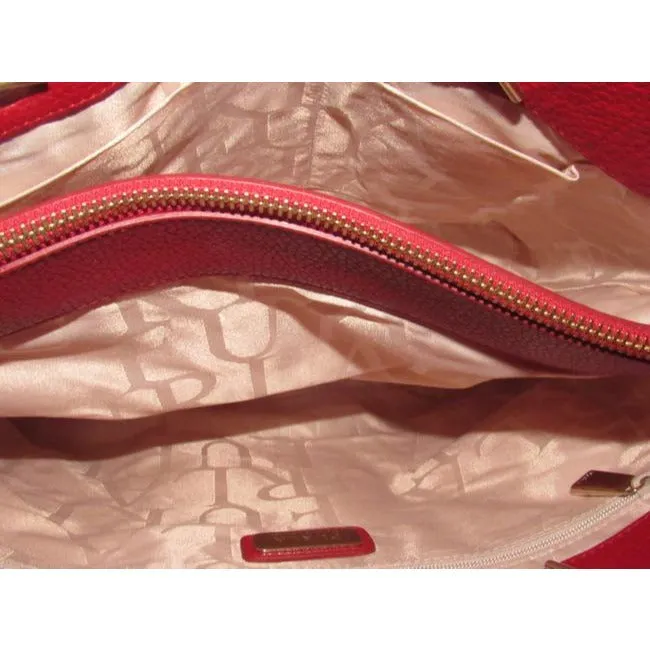 NWT, Furla, 'St. Alice', true red leather satchel with two gold chain & red leather straps, a footed bottom, and multiple compartments & pockets