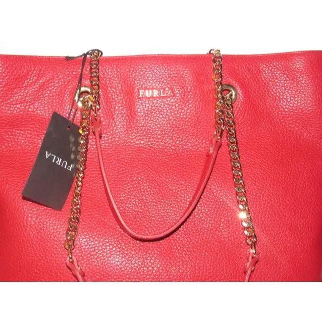 NWT, Furla, 'St. Alice', true red leather satchel with two gold chain & red leather straps, a footed bottom, and multiple compartments & pockets