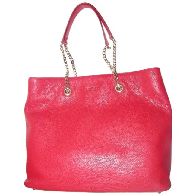 NWT, Furla, 'St. Alice', true red leather satchel with two gold chain & red leather straps, a footed bottom, and multiple compartments & pockets